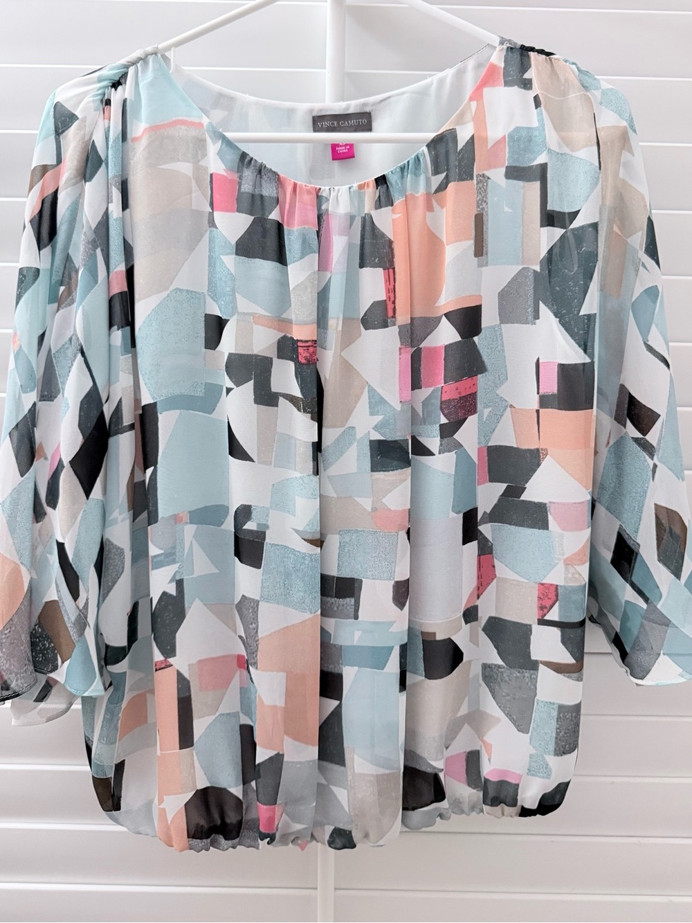 Vince Camuto Pastel Geometric Sheer Blouse - Blue, Pink, Cream